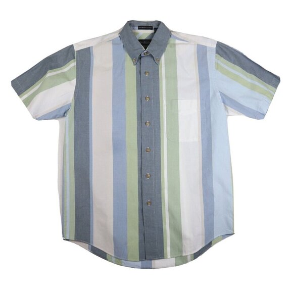 VAN HEUSEN SALT WATER COTTONS - BLUE GREEN WHITE STRIPED SHORT SLEEVE SHIRT - S - Picture 1 of 3